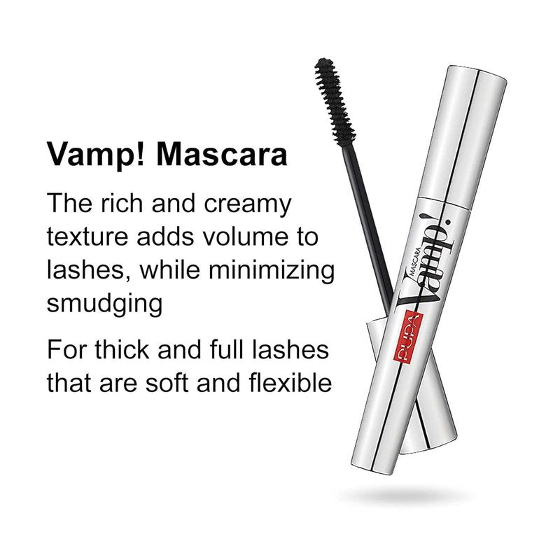 PUPA Milano Vamp! Exceptional Volumizing & Lengthening Mascara for Women - Defining, Curling Lifted Eyelashes for Length -Long Lasting Smudge Proof Makeup - Hypoallergenic Formula -100 Black, 0.183 oz