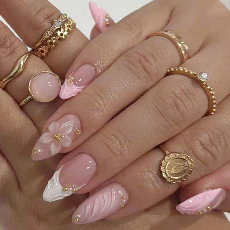 Skiennix 24Pcs Pink Flower Press-On Nails - Short Almond French Tip with 3D Floral Design & Gold Beads
