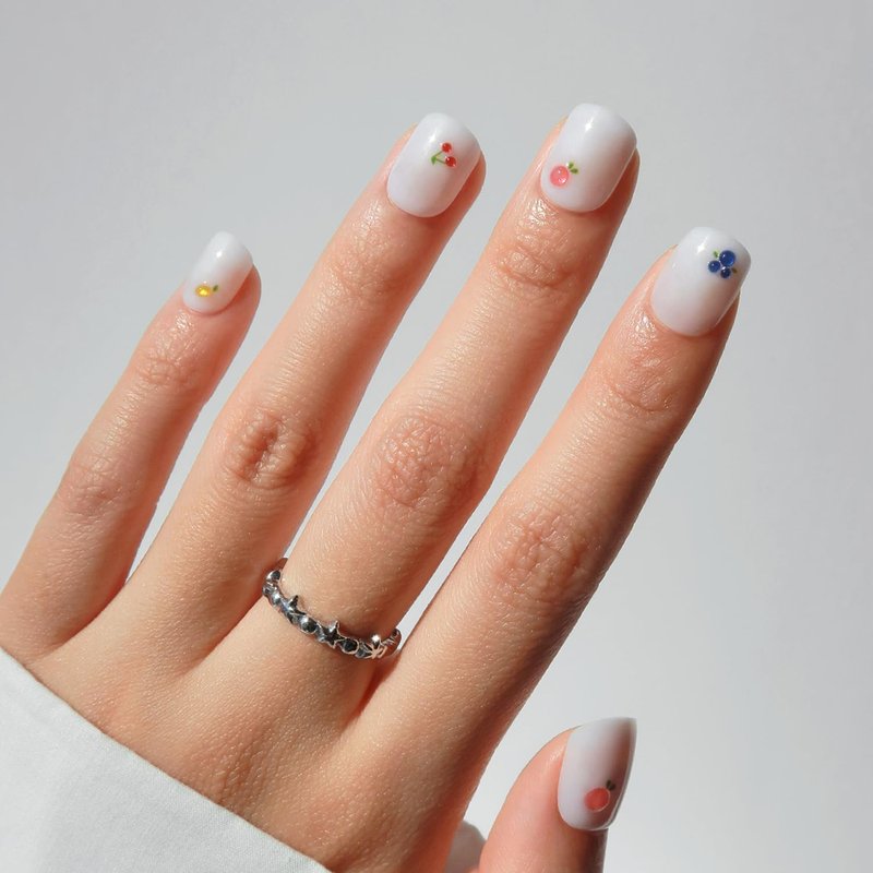 Glamnetic Press On Nails - White Extra Short 3D Fruit Design | Salon Quality Summer Nails | 12 Sizes - 30 Nail Kit with Glue