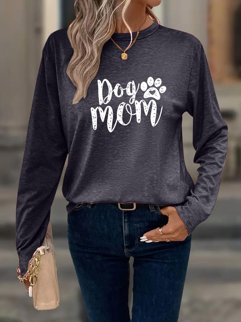 Women's Dog Mom Shirt Cat and Dog Paw Pattern O Neck Long Sleeve Gift Girls Heart Shaped T-Shirt