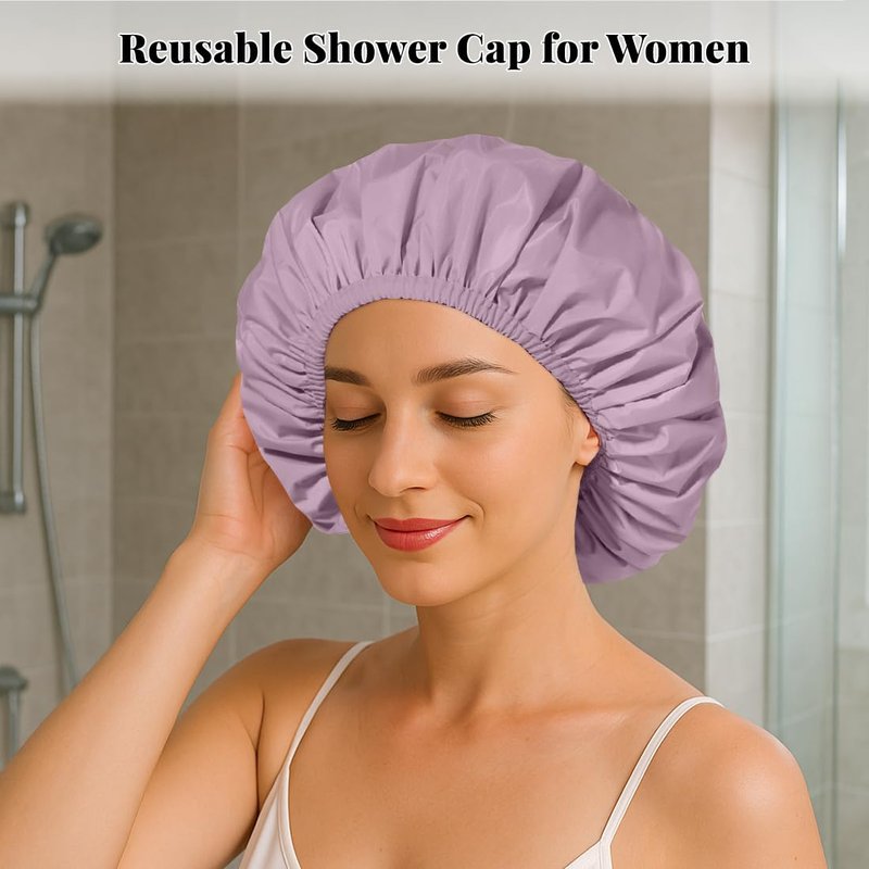 3 Pack Shower Cap for Women Reusable Waterproof, Bath Cap for Long Hair, Comfortable Shower Hat for Home and Travel