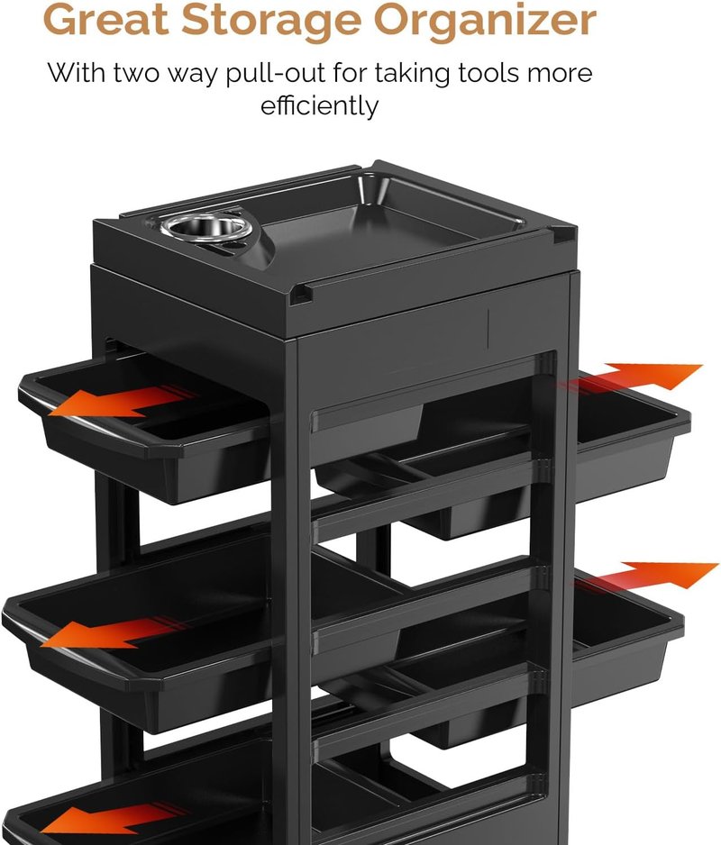 OmySalon Salon Cart for Hair Stylists - Black Rolling Organizer with 5 Drawers & Hair Dryer Holder | Beauty Spa Storage Solution
