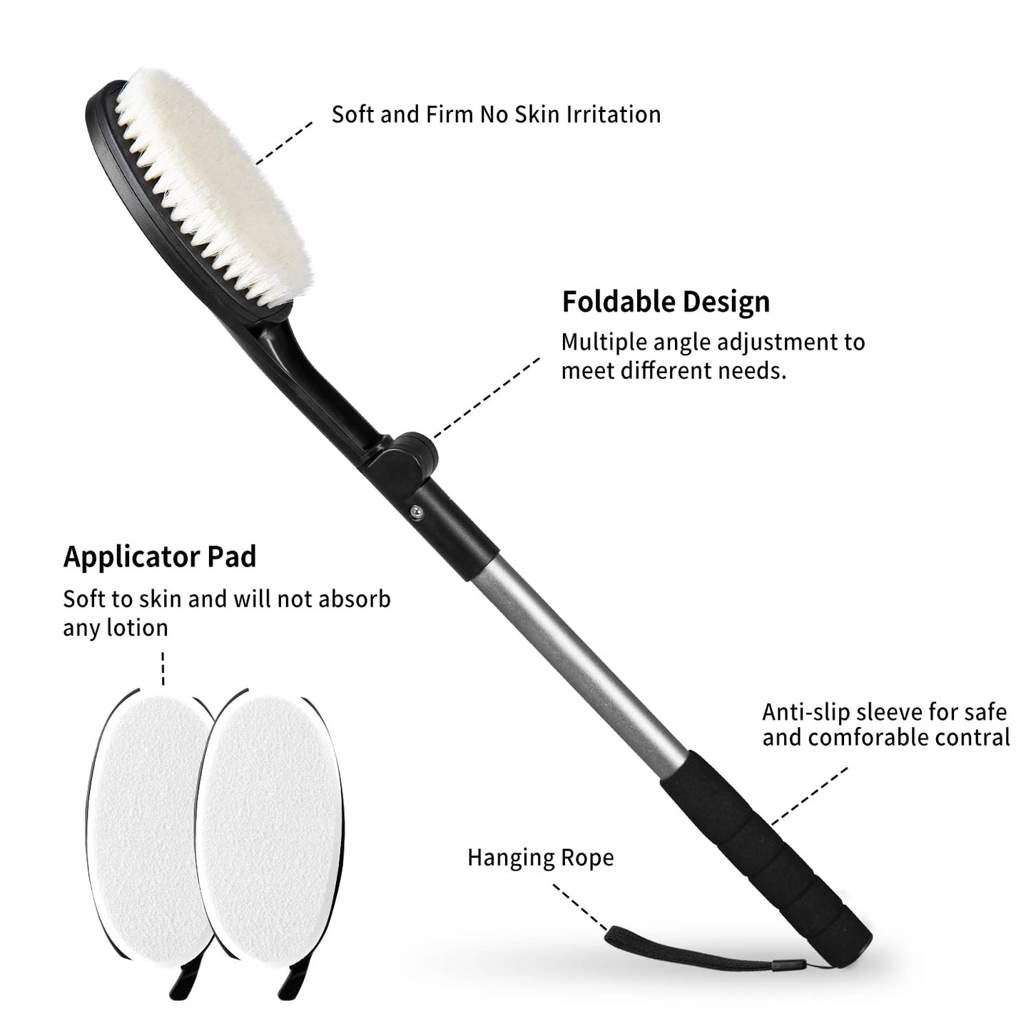 EASACE Body Brush for Back,Lotion Applicator, Long Handle Bath Brush for Showering, Adjustable Head Back Scrubber, Shower Brush with Soft Bristles for Wet or Dry