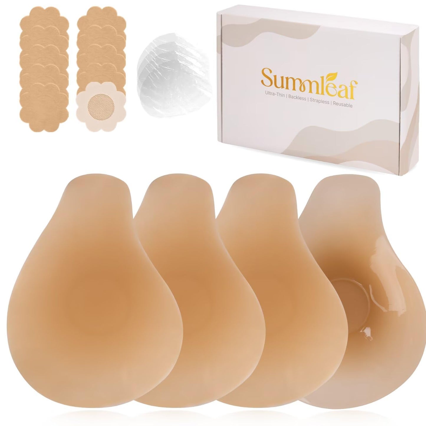 Summleaf Sticky Bra Push Up - Nipple Covers with Lift Tape,Ultra-Thin Pasties for Backless Dress,Invisible Adhesive Bras (2 Pairs) Caramel