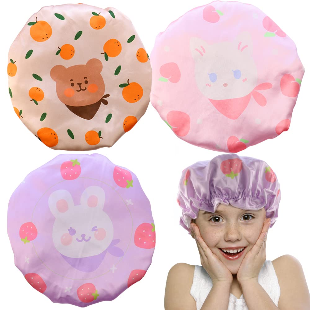 TCOTBE 3 Pcs Shower Caps Rabbits Prints Double Layers Children Shower Caps PEVA Bath Hats for Reusable Cartoon Animal Bonnets Hair Covers for Boys and Girls