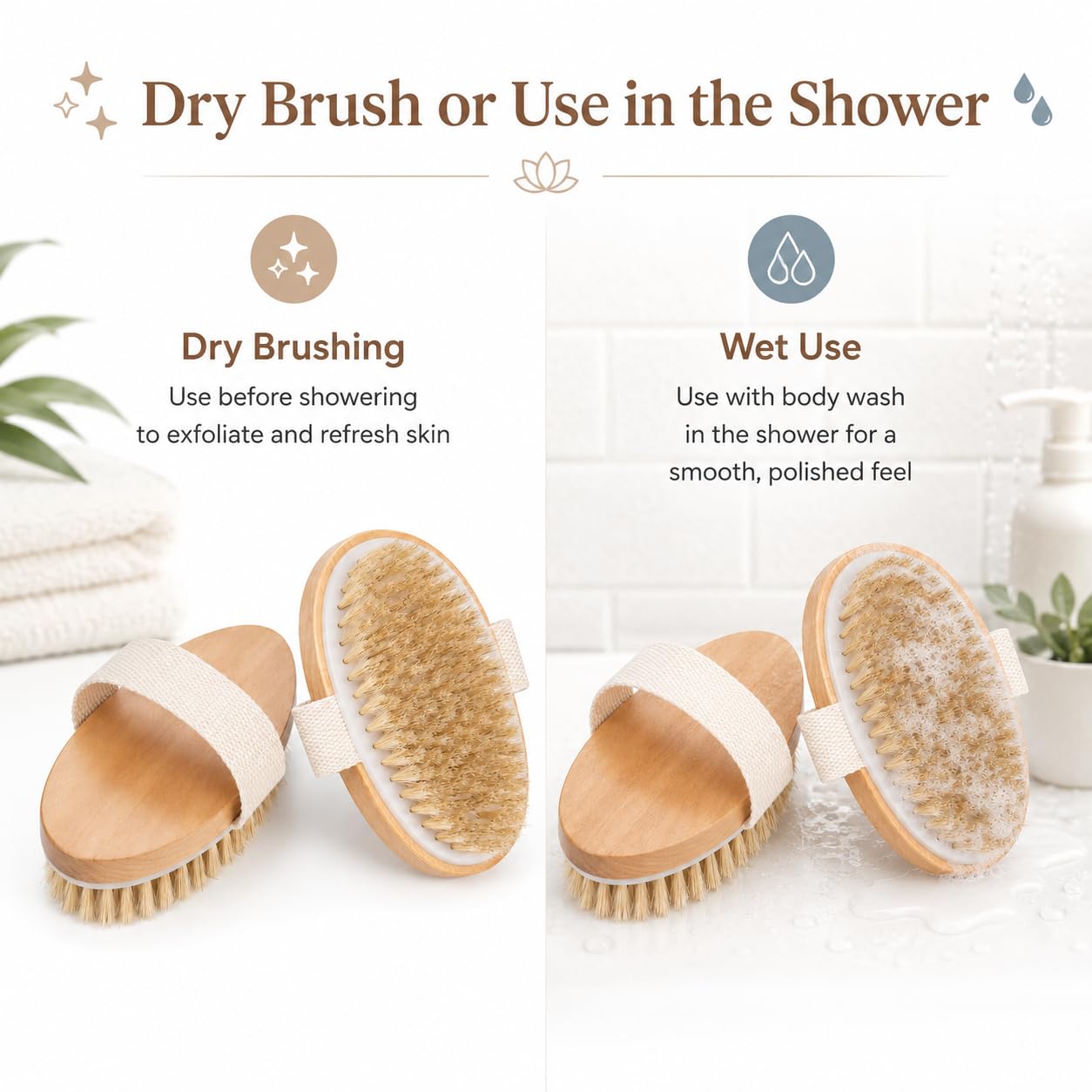 OPAZ Dry Body Brush 2 Pack, Natural Boar Bristle Exfoliating Body Brush for Dry Brushing, Handheld Shower Brush Scrubber with Wooden Handle & Cotton Strap, Skin Exfoliator Brush for Women and Men