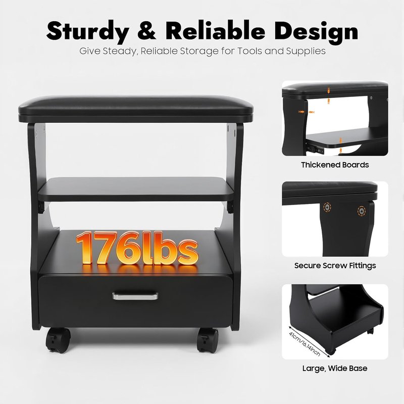 Pedicure Foot Rest - Lockable Wheels, Removable Shelf & Drawer | PU Cushion Beauty Stool for Home Salon