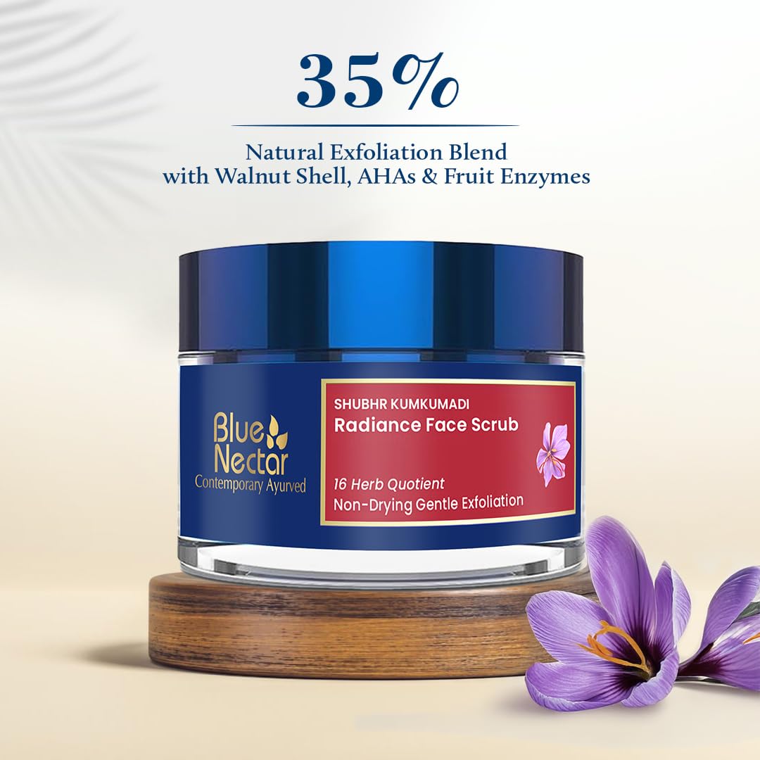 Blue Nectar Saffron Face Scrub for Glowing Skin by Exfoliating Face Scrub | Gentle Ayurvedic Kumkumadi Oil Tan Remover for Refreshing Sun-exposed Skin (16 Herbs, 1.7 Oz)