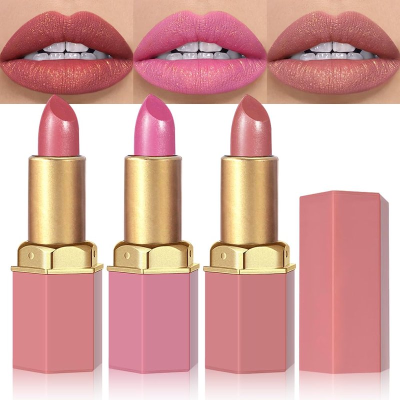 3Pcs Nude Pink Metallic Lipstick Lip Gloss for Women Set,Lightweight Shimmer Frosted Long Lasting Lipstick,Glitter Lip Stain Waterproof Smudge Proof 24 Hour Full Coverage Lip Makeup,Vegan（07,08,09)