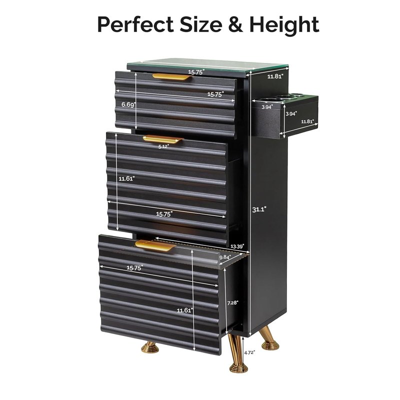 Regine Switzerland Professional Salon Station - Tempered Glass Top, 3 Drawers & Heat Resistant Tool Holders | Black