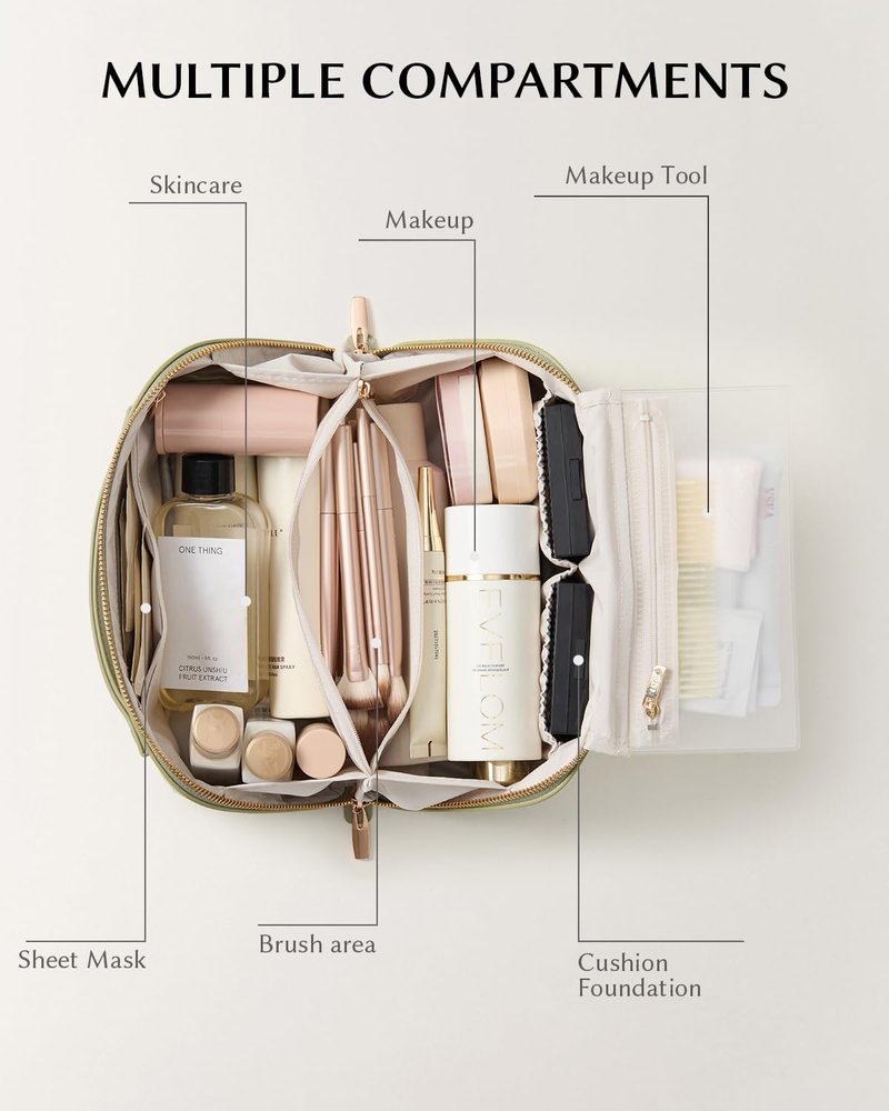 EACHY Travel Makeup Bag, 2.0 Cosmetic Bag for Women, Waterproof PU Leather,Flat Open Portable Toiletry Bag for Skincare, Brushes & Travel Essentials