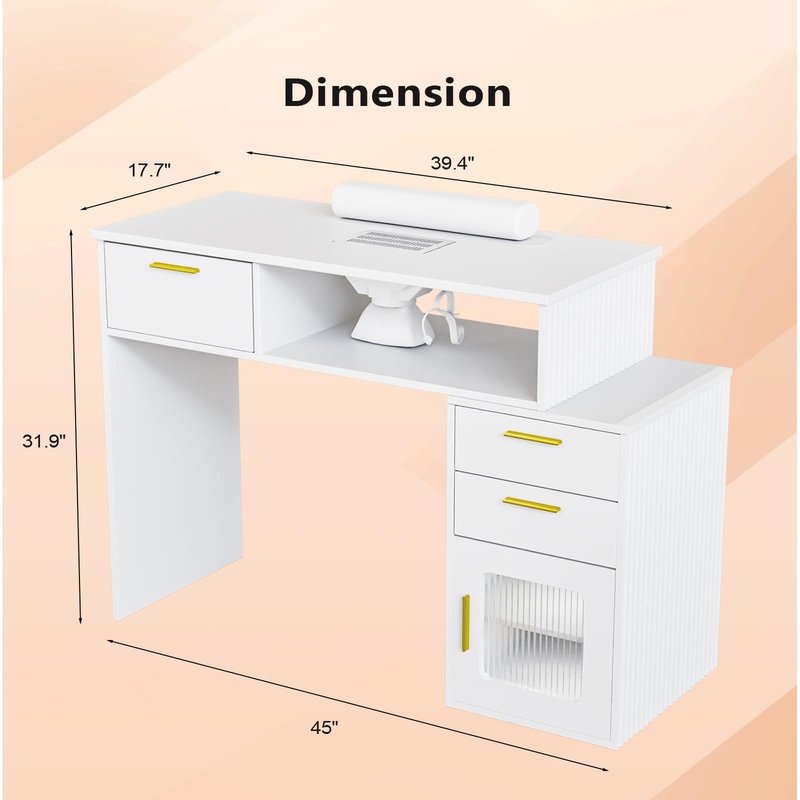 OmySalon Nail Desk with Ribbed Design & Electric Dust Collector - Nail Tech Station with Storage Drawer, Fluted Glass Cabinet & Wrist Cushion for Home Salon & Spa (White)
