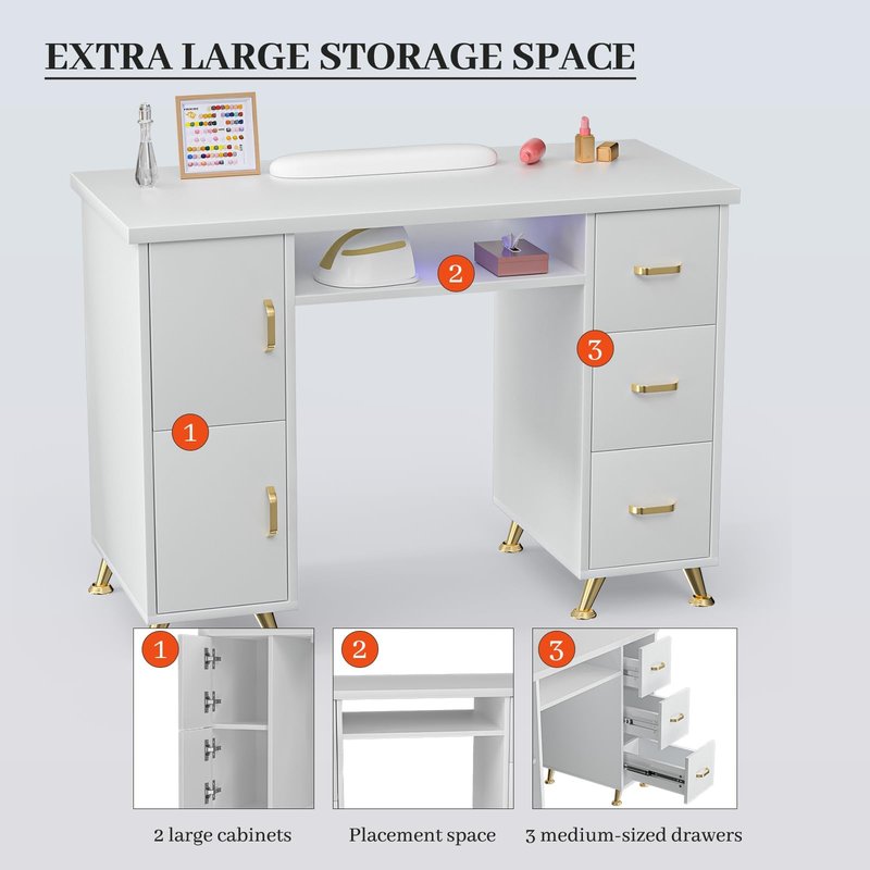 Charmmade Nail Desk for Nail Tech, Professional White Nail Desk with Wrist Pad, Acetone-Resistant Manicure Table with Storage Cabinet, Sturdy Metal Legs Nail Table for Salon, Spa, Home(White-Gold)