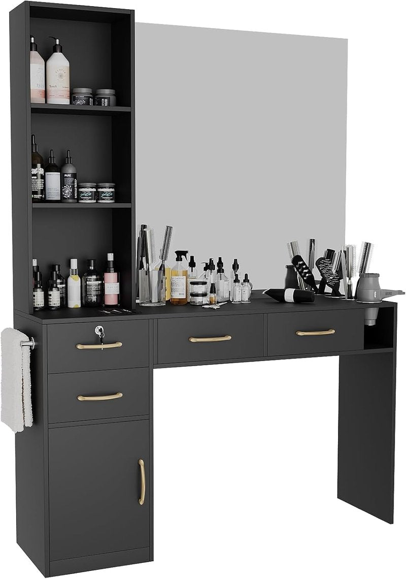 Skiennix Barber Station - Modern Hair Stylist Desk with 4 Drawers, Cabinet & Blow Dryer Holder