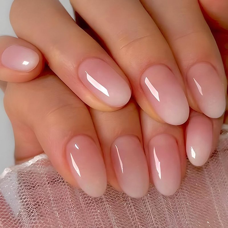 RUPOFUZA Almond Press on Nails Short Squoval Fake Nails Pink Ombre White False Nails with Glossy Press ons Designs Acrylic Press on Artificial Stick on Nails for Women 24Pcs