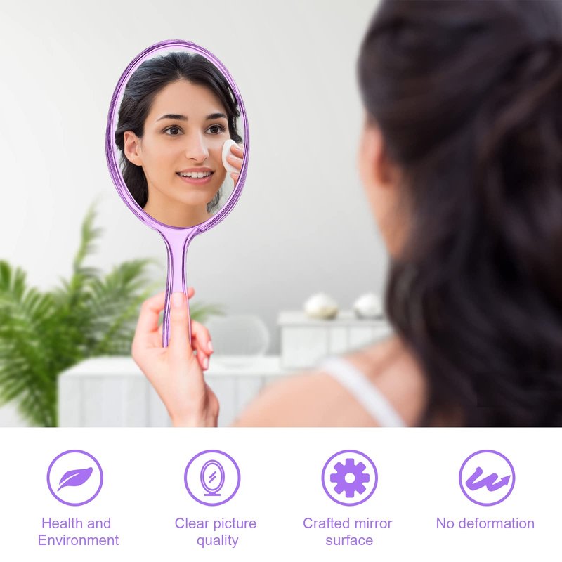 D Hand Mirror with Handle, Handheld Mirror Small Magnifying Mirror 1X 2X Doule Sided Handle Makeup Mirror, Acrylic Handheld Mirror Rounded Shape Purple