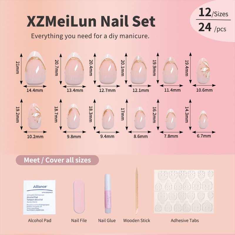 Pink French Tips Press-On Nails - Short Almond Shape with 3D Gold Line & White Flower Design | Reusable Acrylic, Glossy Gel Finish