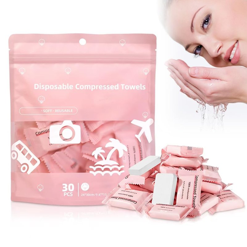 Multifunction Compressed Towels 30 Pack, 2026 Upgrade Disposable Towels for Home Travel Camping, Hotel Facial Towel for Outdoor, Portable Travel Wash Cloth Paper for Wash Up (Pink, Medium)