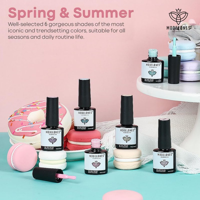 modelones Spring Gel Nail Polish, 6 Colors Pastel Pink Purple Blue Yellow Green Shades Pale Macaron Colors Nail Art Gel Design for Nail Lovers Gift Salon DIY