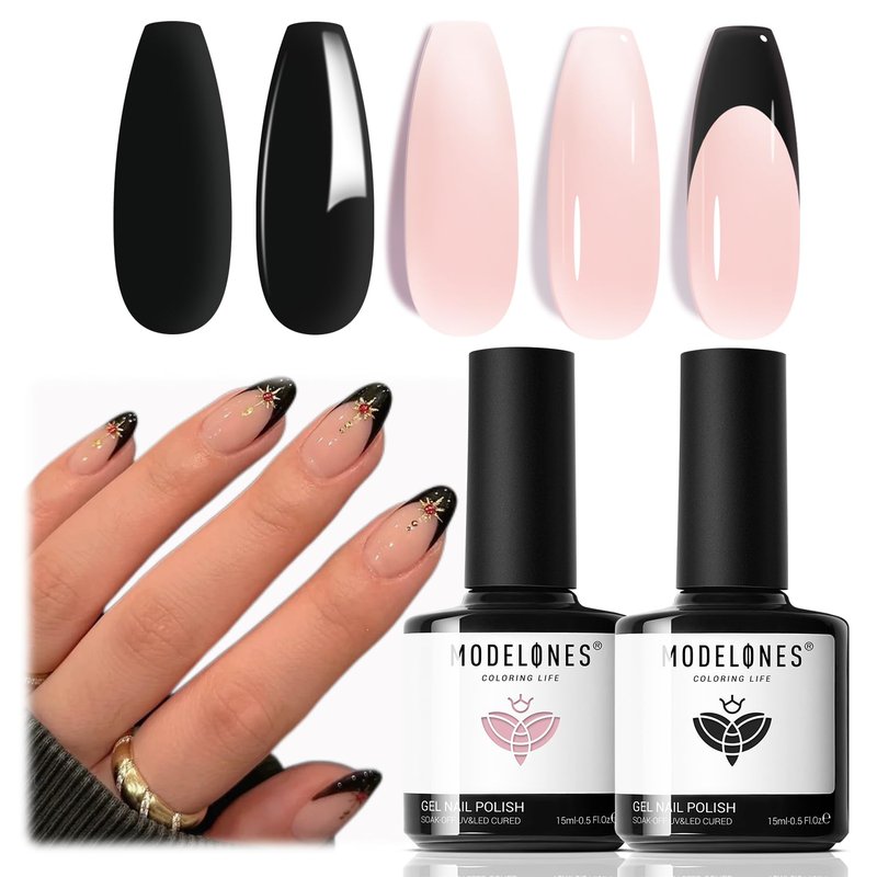 modelones French Tip Gel Nail Polish Set 2 Pcs 15ml Black and Milky Pink French Manicure Kit Sheer Pink Soak Off U V LED Jelly Base Color Gel Polish Nail Art Home DIY Gift for Women