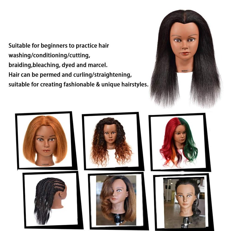Mannequin Head 100% Real Hair Afro Mannequin Head Hair Styling Hairdresser Training Head Manikin Cosmetology Doll Head for Practice Cutting Braiding with Free Clamp Stand