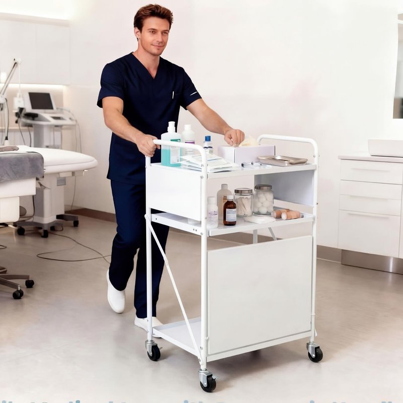 DaisyInner Foldable Waxing Cart Trolley with Wheels 3 Tier Rolling Esthetician Wax Cart with Dirt Bucket and Pull out Tray, 12"L x 26"W x 37"H, Wax Tool Storage Station for Beauty Salon Spa Massage