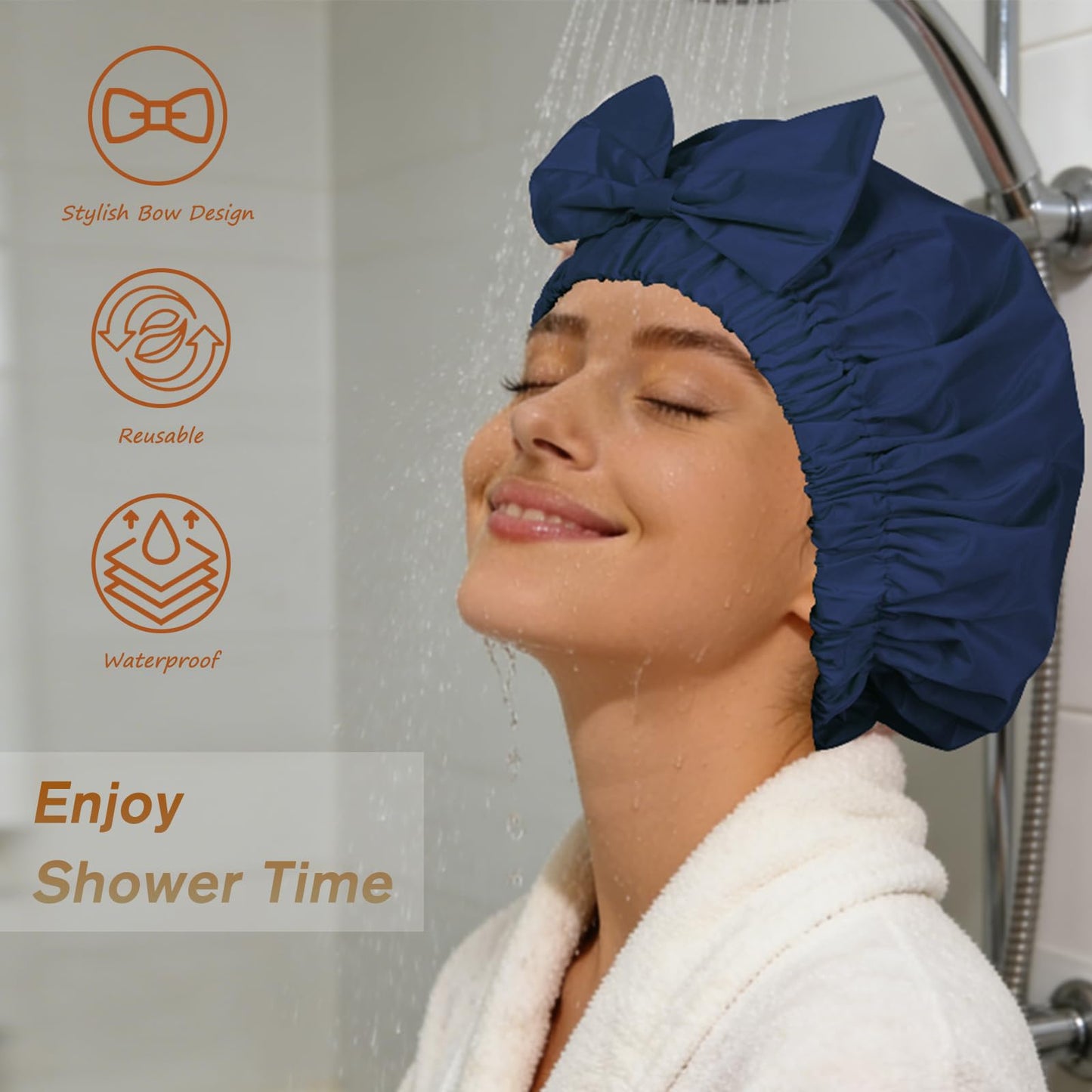 Shower Cap for Women, Cute Bow Waterproof Reusable Bath Cap, Non-Slip Anti Humidity, Roomy Anti-Frizz for Short Medium Wavy Hair, Soft Elastic & Machine Washable, Navy Blue
