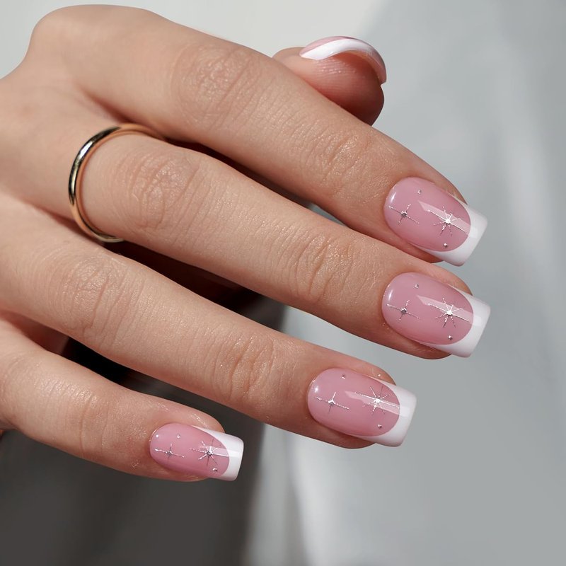 French Tip Press On Nails - Pink Short Soft Gel Nails with Stars | 32 Stick-On Nails in 16 Sizes