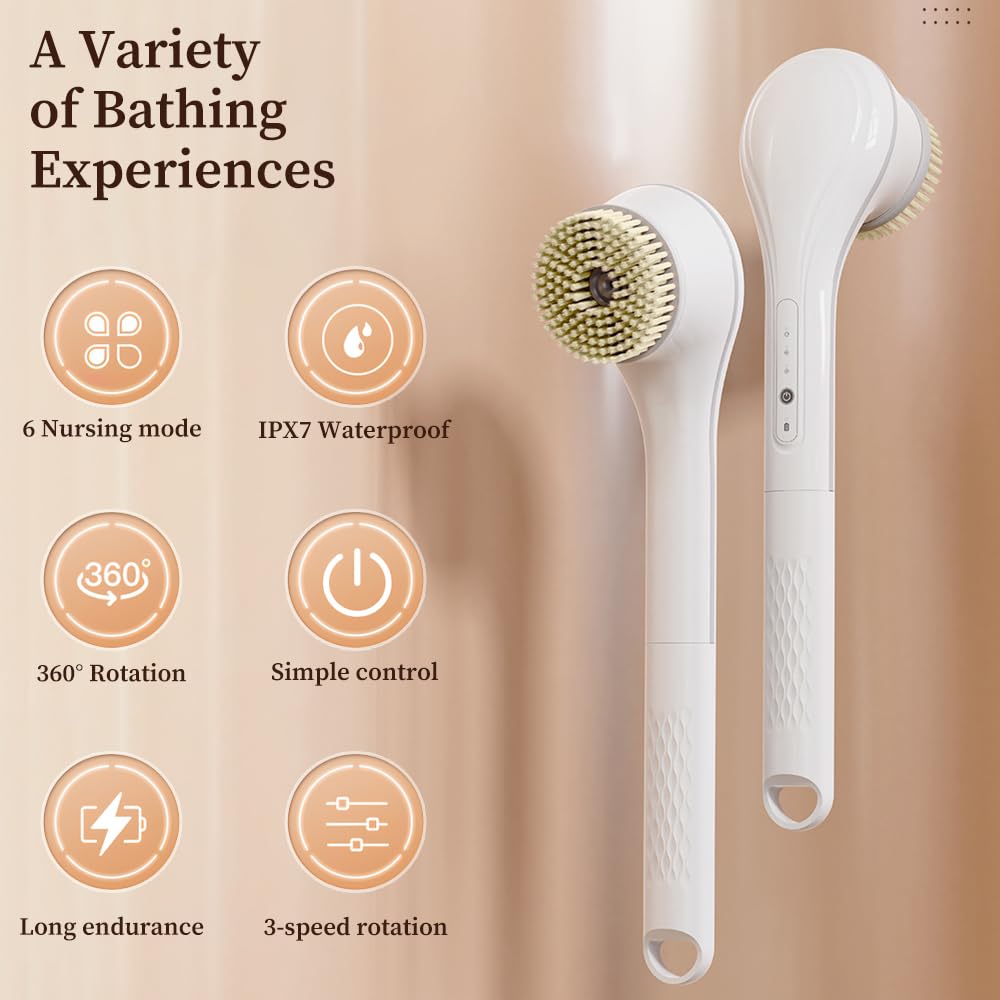HomeBeyond Electric Body Brush Back Scrubber for Shower, Waterproof Rechargeable Bath Brush with 6 Heads, 3 Rotation Directions for Cleansing, Exfoliating & Massaging Skin