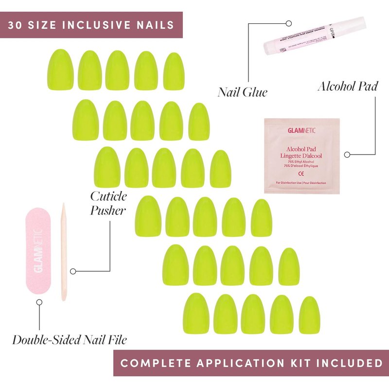 Glamnetic Press On Nails - Neon Lime Green Short Oval | Salon Quality 30 Nail Kit in 15 Sizes