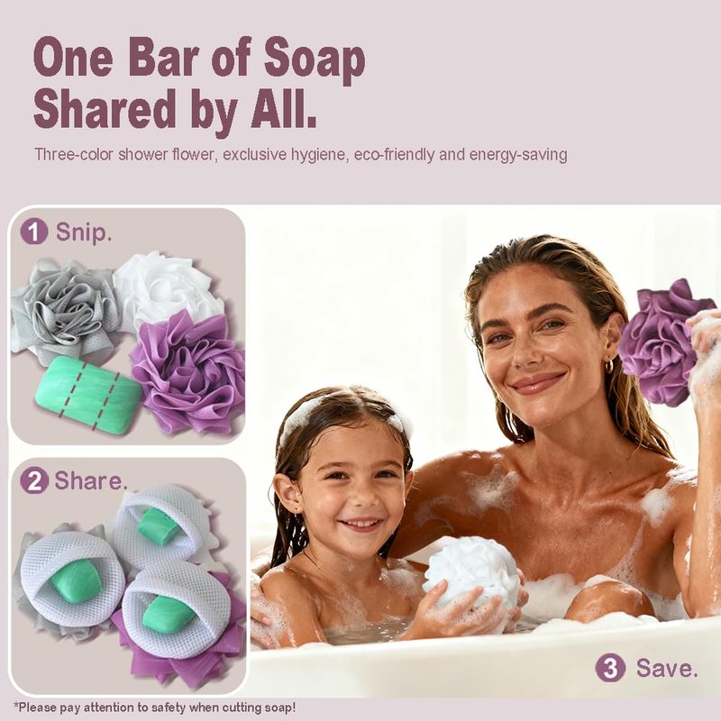 3 Pack Bath Loofah Shower with Soap Bags, Dual-Use Exfoliating Bath Sponges Soap Saver for Women & Men, Gentle Body Scrubber (White, Gray, Purple)