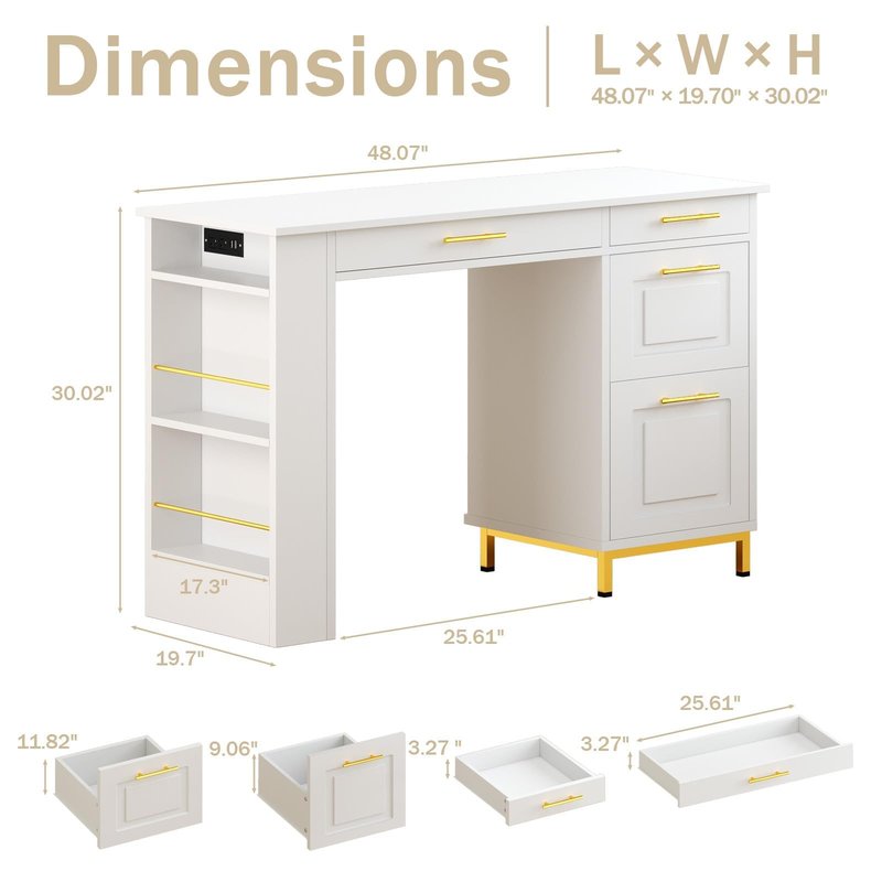 4 EVER WINNER White Desk with Drawers and Power Outlet, 48 Inch Small Desks with Storage Golden Handle, Girls Desk with 4 Storage Writing Table for Small Spaces, White and Gold Desks