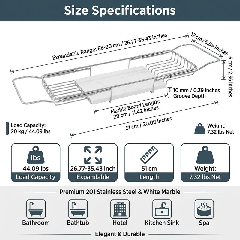 Bathtub Tray Caddy for Luxury Bath, Stainless Steel 26.8-35.4 in Expandable Extra Wide Bath Tub Tray with Natural Marble and Mobile/Tablet Stand, Ideal for Home Spa Lovers (Silver + White)