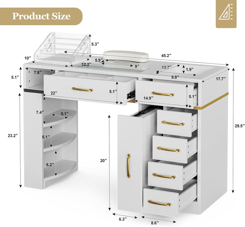 Belandi Manicure Table Nail Station for Nail Tech, Glass Top Nail Table Acetone Resistant w/Dust Collector, 7 Drawers & Shelves, Nail Workstation w/Wrist Cushion, Acrylic Display Stand(WH-White)