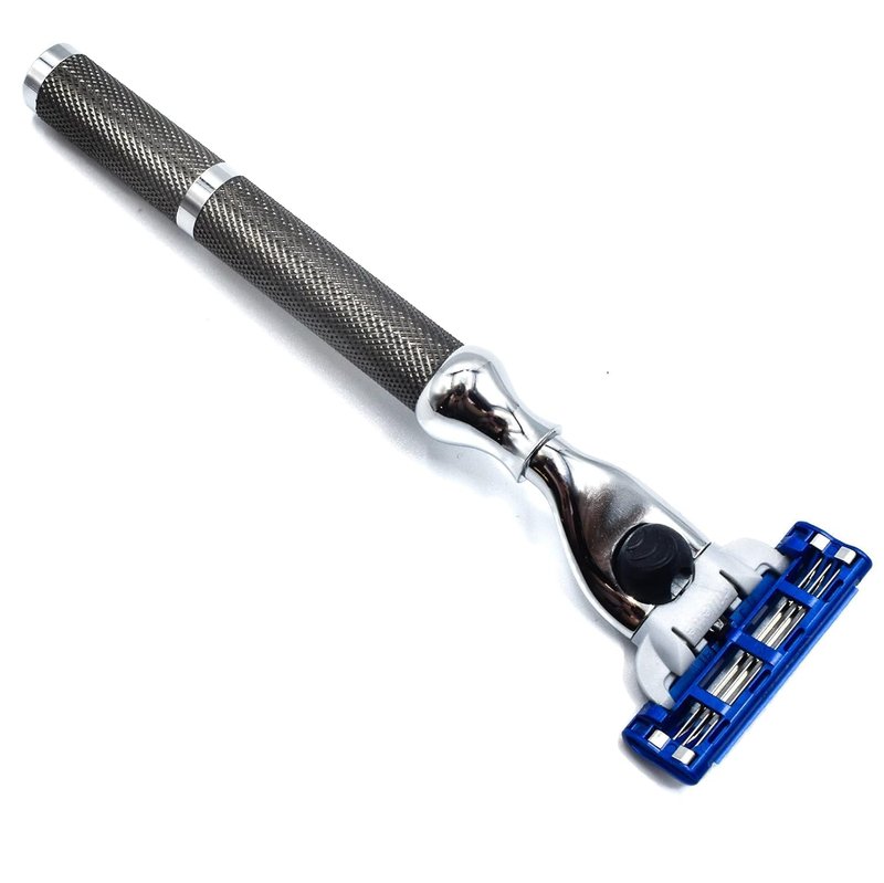 Parker 42M 43M Heavyweight All-Metal Triple Blade Razor – Shaving Razor with Brass Frame + Deluxe Textured Graphite Handle – One Gillette Mach 3 Razor Blade Included