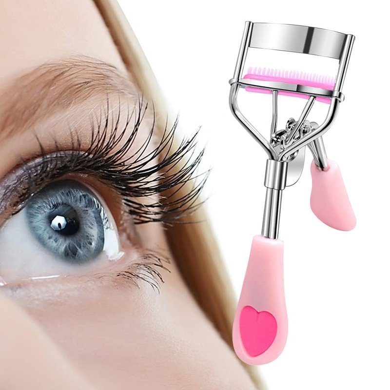MERVK Stainless Steel Eyelash Curler with Built-in Comb Pinch Pain-Free Suitable for Any Eye Shapes and Sizes, with 5 Silicone Refill Pads (Light Pink)