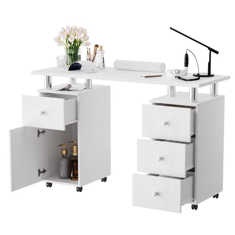 Lavoker 47 Inch Manicure Table Nail Station Desk for Nail Tech with Drawers/Wrist Pad/Lockable Wheels Salon Spa Beauty Bar Technician, White