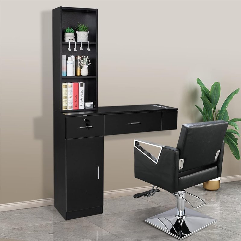 OmySalon Wall Mount Barber Station - Stylish Hair Styling Equipment with Storage Cabinet, 2 Drawers & 3-Tier Shelf (Black)