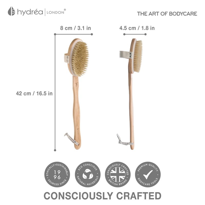 Hydrea London Body Brush Back Scrubber - Shower brush with long handle 100% Natural Bristle, Dry Skin Brush, Exfoliating Cellulite Brush - FSC® Certified Beechwood.