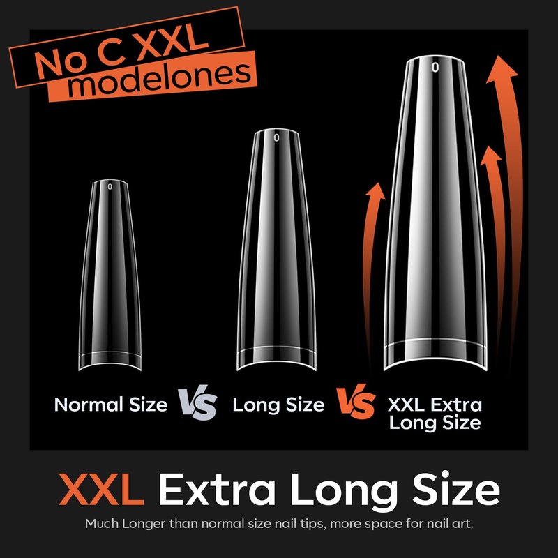 modelones XXL Long Coffin French Nail Tips, 504 PCS No C Curve Half Cover Clear Acrylic Fake Nails Tips Gel Pre-shaped 12 Sizes with Box