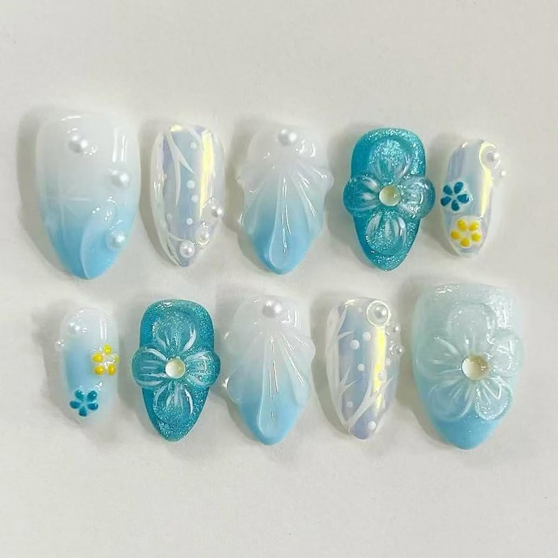 30Pcs Blue French Tip Press on Nails Short Almond Fake Nails 3D Flower with Pearl Glitter Full Cover Glue on Nails Summer Beach False Nails Artificial Reusable Cute Stick on Nail for Acrylic Manicure