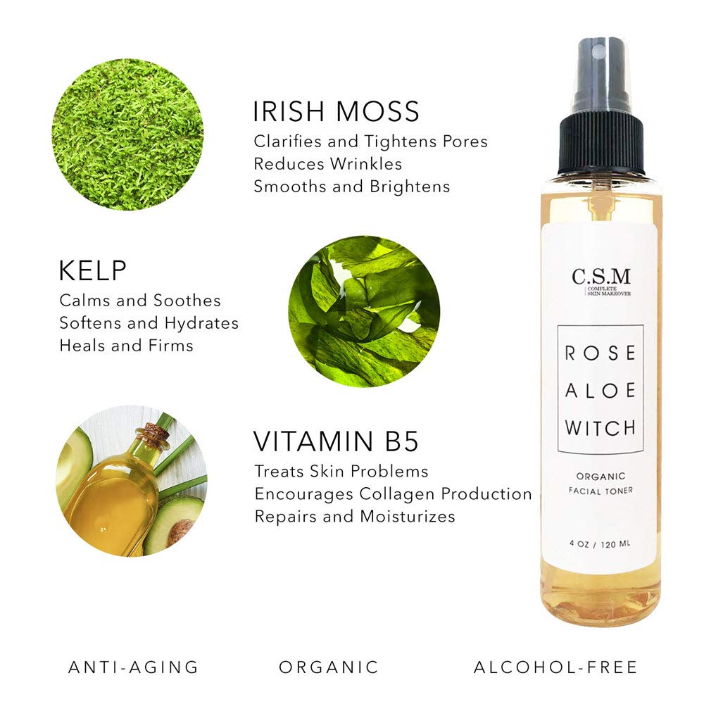 CSM Organic Alcohol-Free Witch Hazel Face Toner with Rose Water, Aloe Vera - Minimizes Pores, Soothes Skin for a Fresh, Clear Complexion - Easy Mist Spray - RAW Facial Toner - Made in the USA