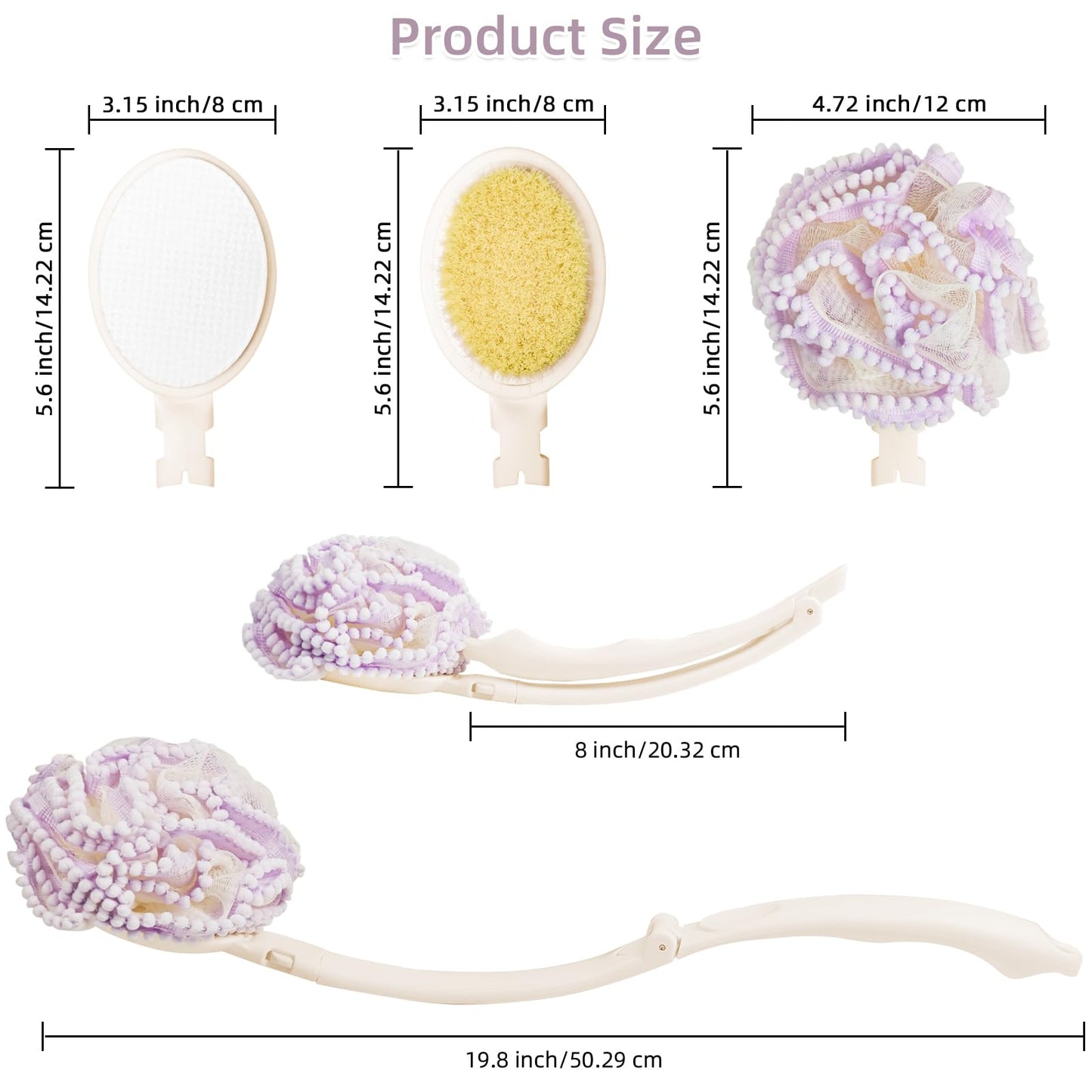 Topfinder Loofah Sponge with Handle,Back Scrubber Brush for Shower, Lotion Applicator for Back,3 in 1 Shower Kit (Purple loofah)