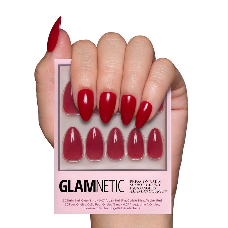 Glamnetic Press On Nails - Classic Red Short Almond | Opaque Timeless Design | 30 Nail Kit with Glue in 15 Sizes