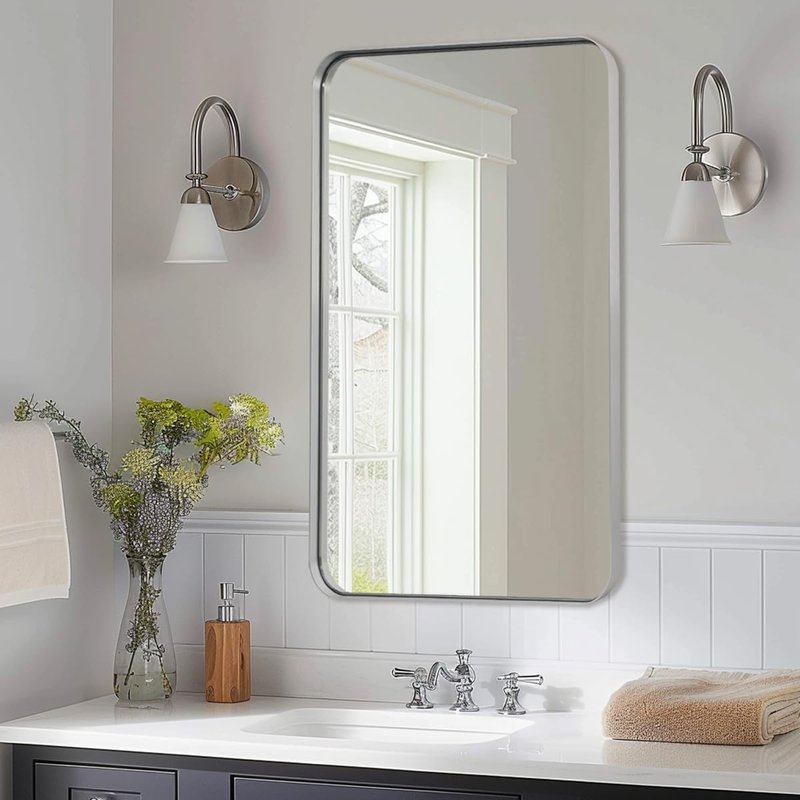 Brushed Nickel Bathroom Mirror - 24”x40” Modern Rounded Corner Design | Stylish Metal Frame