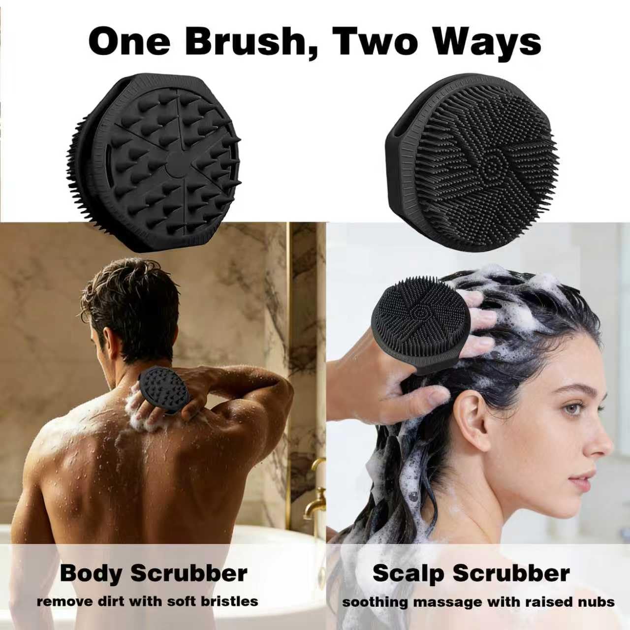 PeaKalo Silicone Body Scrubber for Men Women, Dual-Sided Bath Brushes Gentle Exfoliating Body Scrubber Scalp Massager for Deep Cleansing, Soft Silicone Loofah Body Washing Brushes (Black)