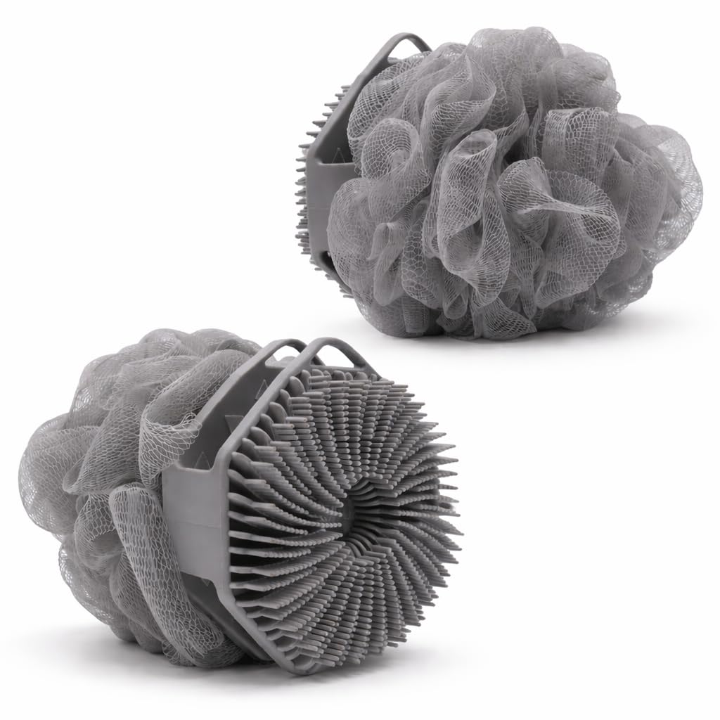 2-in-1 Silicone Body Scrubber & Mesh Loofah Sponge – Exfoliating Silicone Shower Scrubber with Soft Loofa Puff, Silicone Bristles, Non-Slip Grip, Quick Dry, Hygienic Body Scrubber for Women & Men