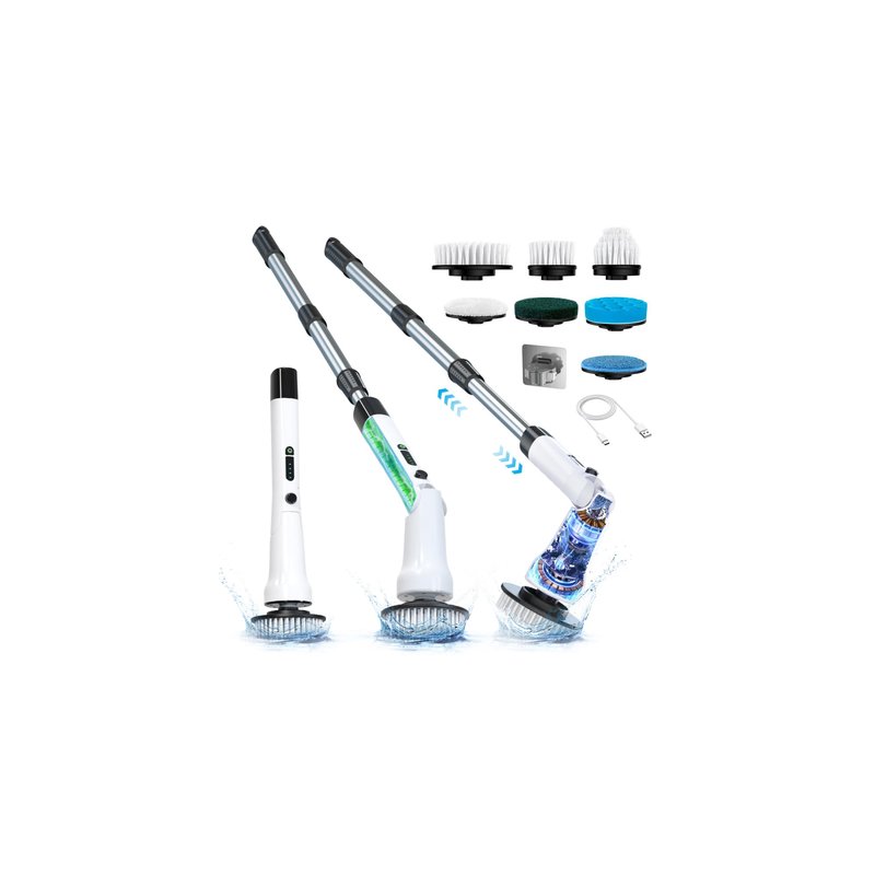 Electric Spin Scrubber, Hillyfe Bathroom Scrubber Electric with 7 Replaceable Brush Heads, IPX7 Waterproof,300/400 RPM, 3 Adjustable Length,Scrubber Brush Electric for Bathtub Floor,White
