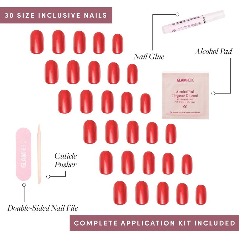 Glamnetic Press On Nails - Cherry Glaze | Short Round Bright Cherry Red Fake Nails with a Glaze Finish | 15 Sizes - 30 Nail Kit with Glue