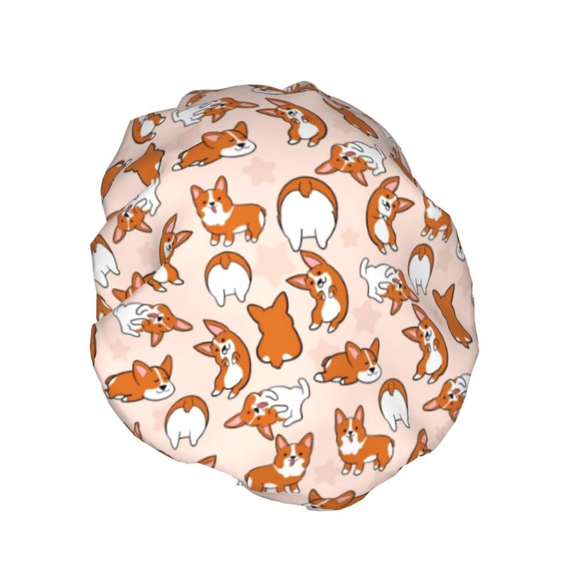 Funny Corgis Dog Reusable Shower Cap for Women Double Layer Waterproof Bathing Shower Hats Hair Protector Adjustable Elastic Band Spa Salon Bath Caps with PEVA Lining Fits all Hair Lengths